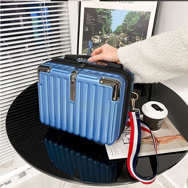 14 Inch Cosmetic Case Portable Luggage Travel Bag for Women Makeup Organizer Lightweight Mini Simple Stripe Crossbody Suitcase
