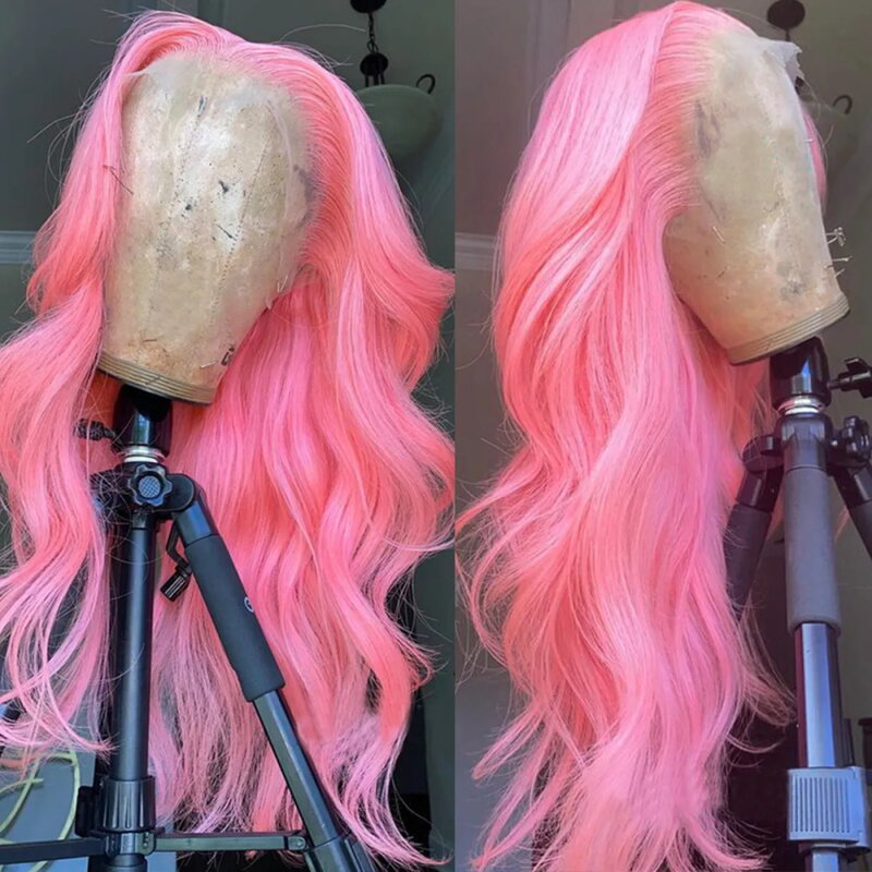 Diniwigs parrucche anteriori in pizzo sintetico rosa per le donne parrucca sintetica a onda lunga del corpo parrucche Cosplay per capelli in fibra resistente al calore anteriore in pizzo
