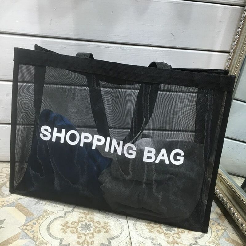黒透明メッシュショッピングバッグ大容量のナイロンモールビーチフィットネスヨガショルダートート女性オーガナイザー