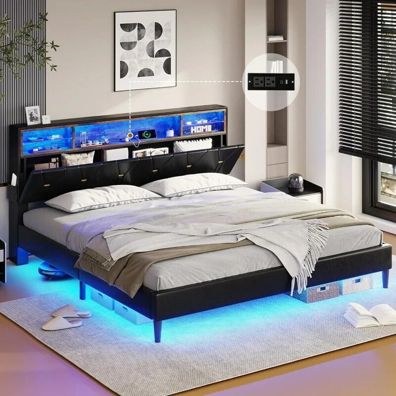 Marco de cama con luces LED y almacenamiento de cabecero, marco de cama LED tamaño King con estación de carga, marco de cama tapizado