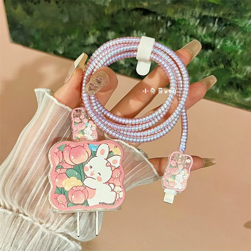 USB Cable Protection For iphone 18 20W Original Charger Protector Cover Cartoon Heart Flower Protective Data Line Spiral Winder