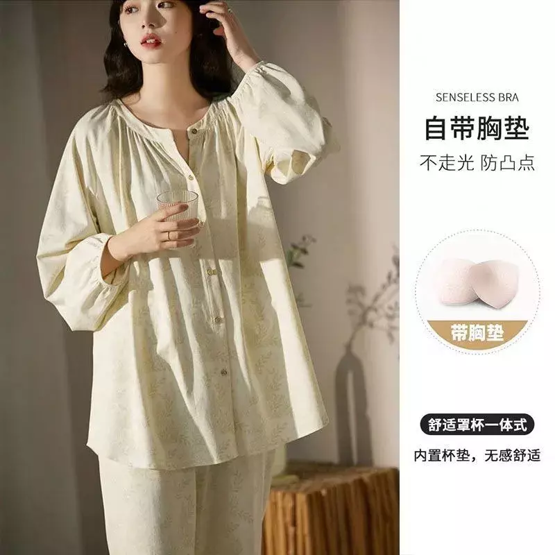 Set piyama wanita, baju tidur gaya China Cardigan lengan panjang katun elegan dengan bantalan dada Musim Semi dan Gugur