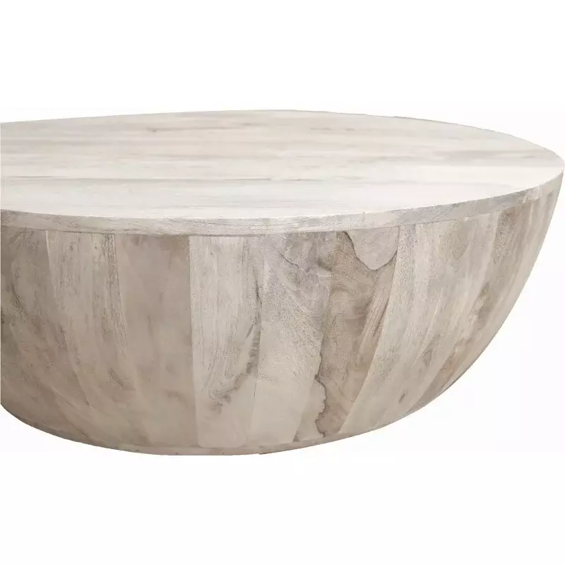The Urban Port 12-Inch Height Round Mango Wood Coffee Table, Subtle Grains, Distressed White