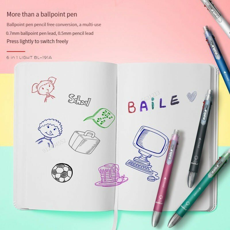Penna multicolore 6 in 1 penna a sfera 5 colori ricarica penne a sfera e matita meccanica da 0.5mm piombo ufficio scuola cancelleria coreana