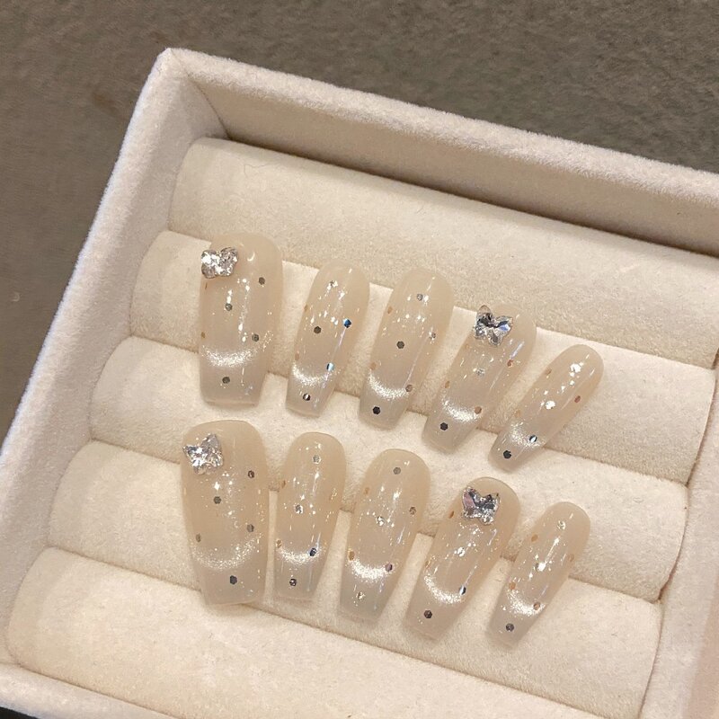 Kuku bor kupu-kupu, 10 buah dengan berlian imitasi buatan tangan dapat dilepas dan dapat digunakan kembali XS,S,M,L dengan kotak alat