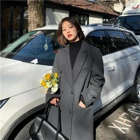 Jesienią i zimą koreański wysokiej jakości wełny płaszcz 2022 nowych kobiet klasyczny retro podwójne piersi luźny krój średniej długości wełny płaszcz