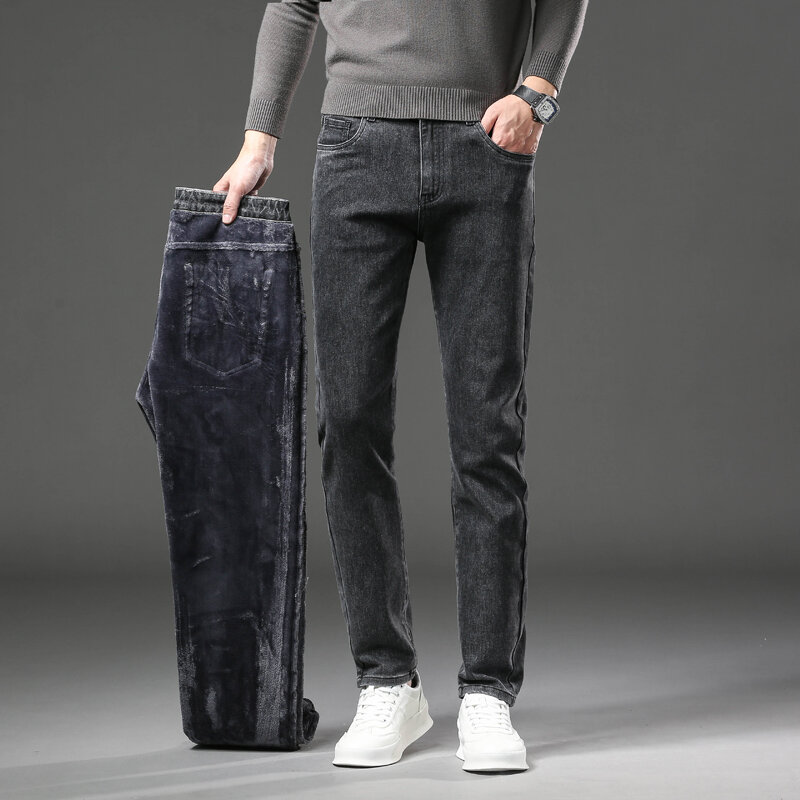 Winter Fleece Thick Warm Jeans Men's Slim Straight Elastic Denim Pants Casual Male Clothing Fashion Plush Trousers
