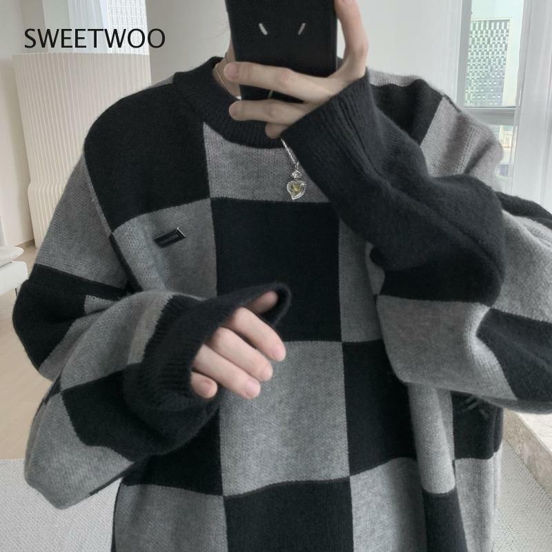 Gothic Plaid Sweater Women Harajuku Fashion Oversize Pullover Emo Autumn Winter Long Sleeve Knitted Jumper Female Tide Chic 2022