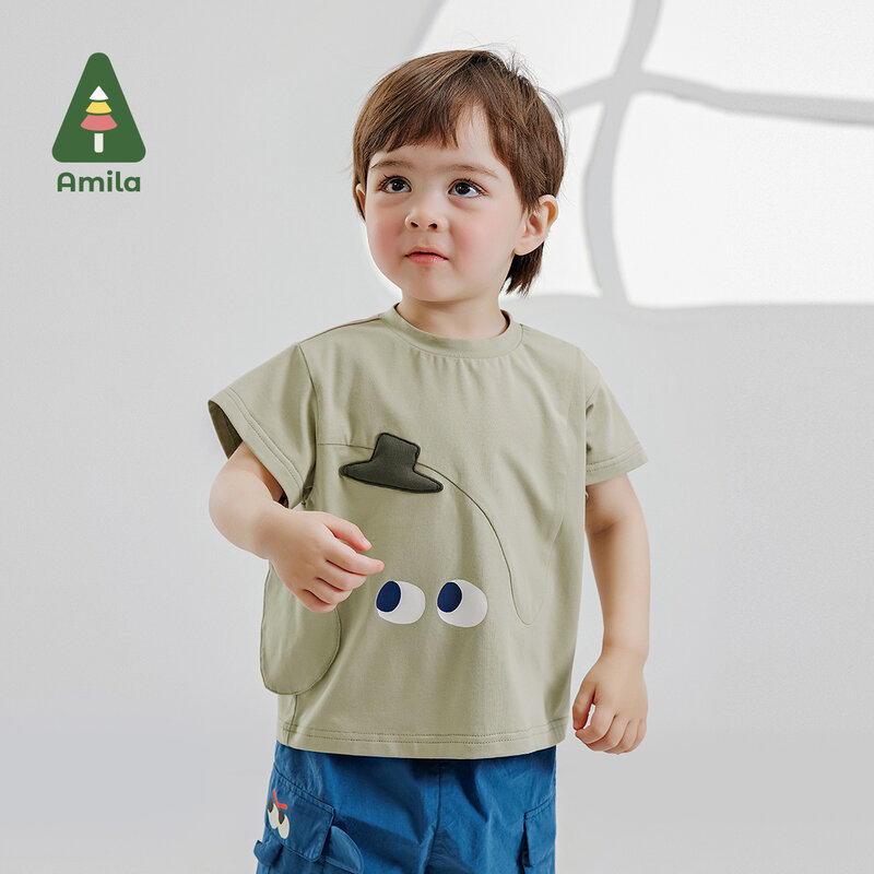 Amila-Camiseta de manga corta para niños y niñas, Top de dibujos animados de animales, Color sólido, divertido, todo Simple, 2024