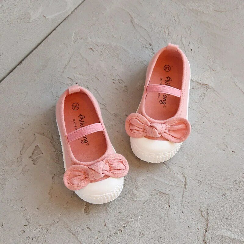 Новые весенние парусиновые туфли с закрытым носком для девочек, обувь для маленьких принцесс с бантом, повседневная обувь для детского сада