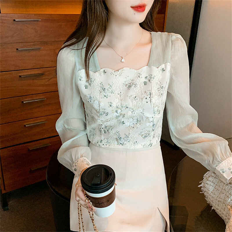 Camisa de gasa con cuello Peter Pan Kawaii para mujer, blusa de un solo pecho con volantes de encaje coreano, blusa holgada y sencilla para primavera y otoño