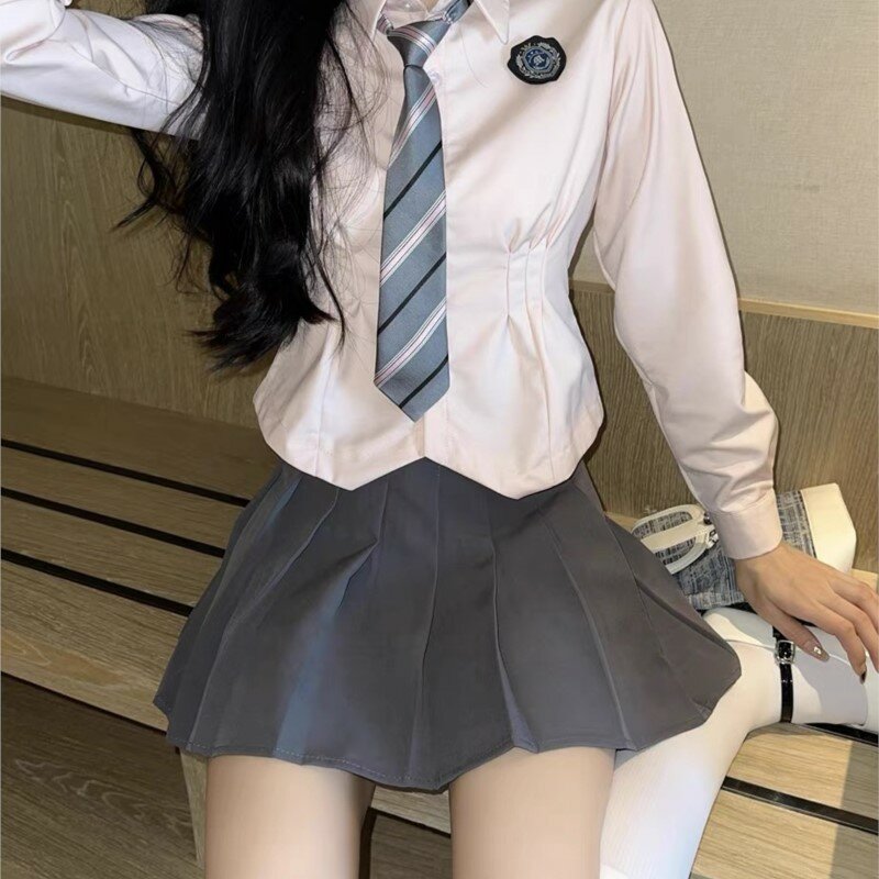 Conjunto de saia plissada de manga comprida feminina, camisa JK para cima, uniforme escolar, estilo universitário japonês, roupa slim fit, fantasia cosplay
