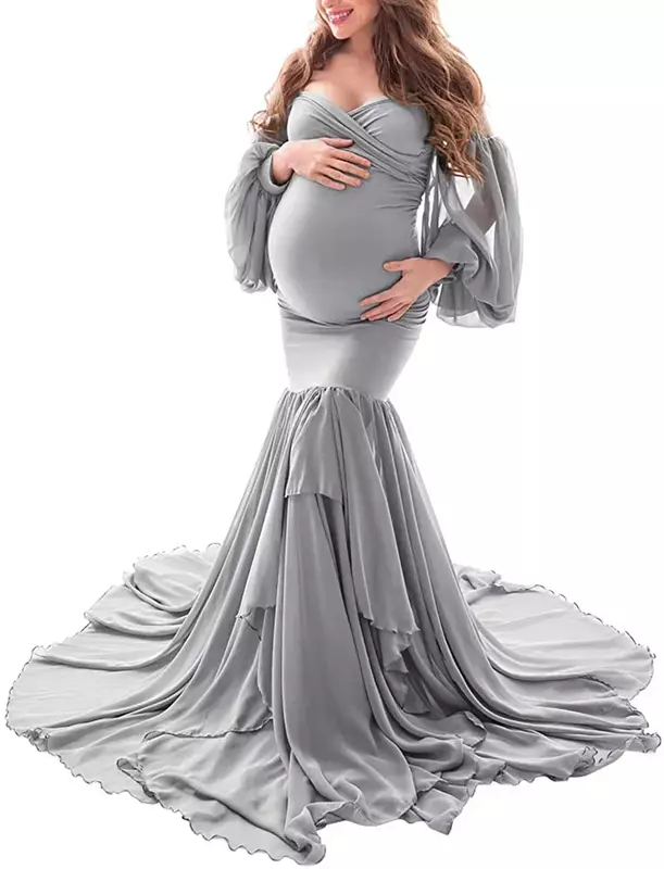 Vestidos de maternidade sem ombros sexy com babados, sereia gravidez vestido maxi, adereços fotografia, mulheres grávidas
