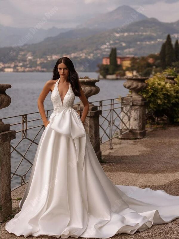 Sexy Solid V-Neck Women Wedding Dresses Simplicity Bright Satin Surface Fluffy A-Line Gowns Mopping Length Princess Vestidos De
