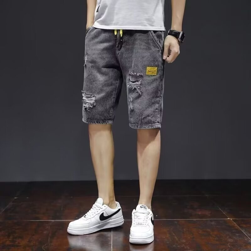 Shorts jeans soltos masculinos, calças de verão, cintura elástica, 2024