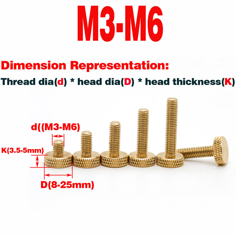 Tornillo de mano de cabeza redonda plana a cuadros de latón/tornillo de mano moleteado de cobre M3M4M5M6