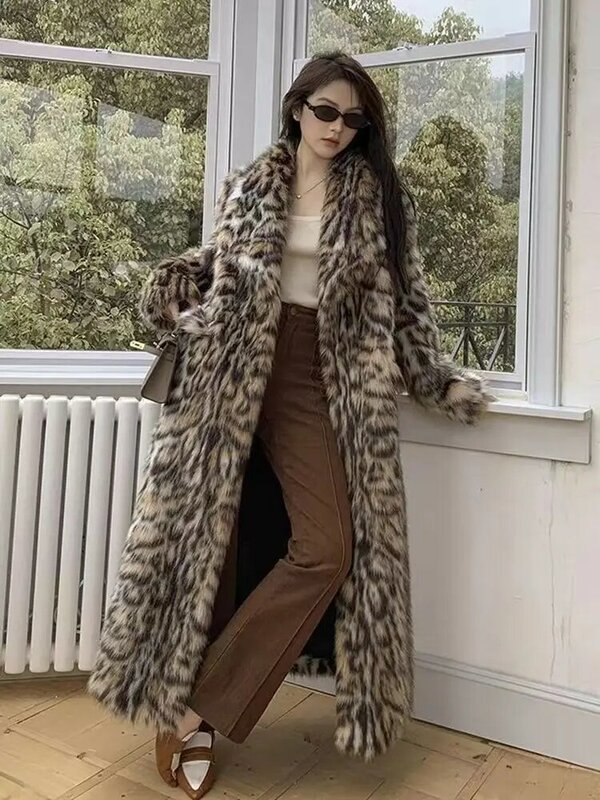 Casaco de pele com estampa de leopardo falso para mulheres com renda para cima, joelho longo, ambientalmente amigável, outono e inverno
