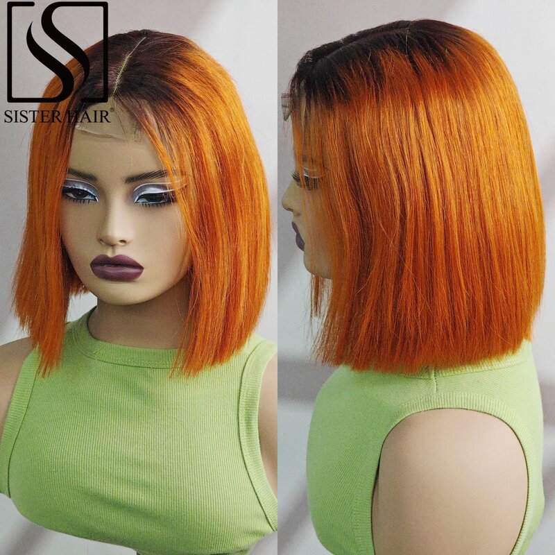 180% gęstość T1B-350 kolor peruka z prostymi bobami peruka z ludzkich włosów 2x6 koronkowa krótka peruka w prostym kolorze z brazylijska peruka