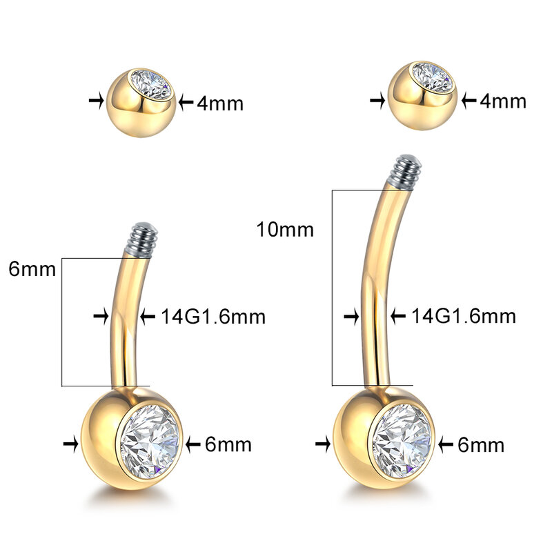Кольцо для пирсинга живота из титана G23, пирсинг под золото 14 г, с фианитом, 6/8/10/12 мм, 1 шт.