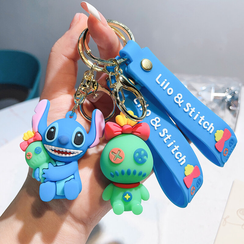 Gantungan kunci Gel silika jahitan lucu kartun Lilo & Stitch gantungan kunci Anime Disney liontin untuk tas gantung hadiah perhiasan