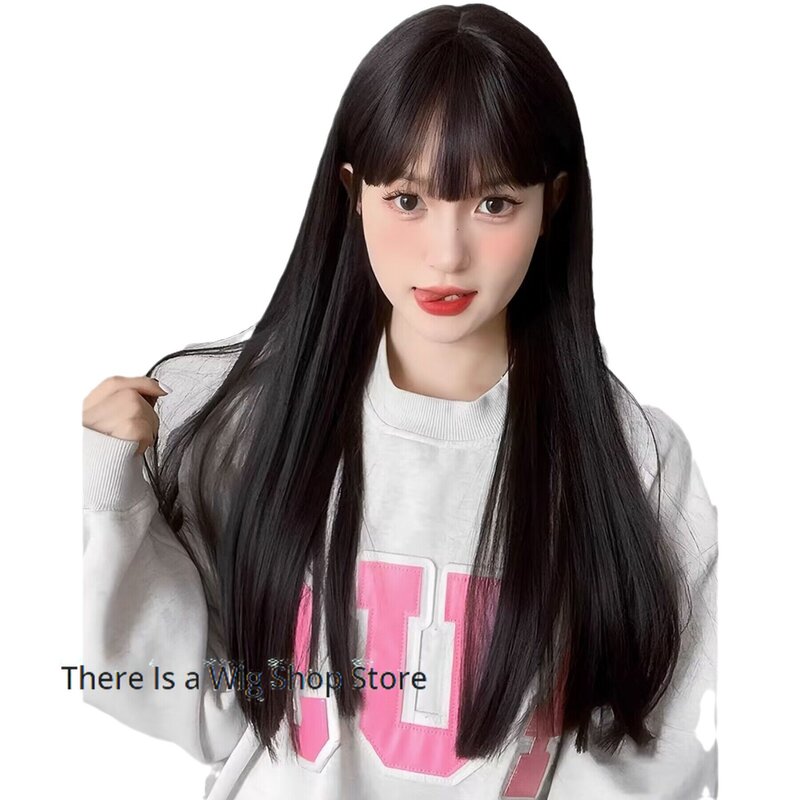 여성용 긴 머리 가발, 달콤한 jk Fujiang cos 데일리 코믹 앞머리, 블랙 롱 스트레이트 앞머리, 천연 가발
