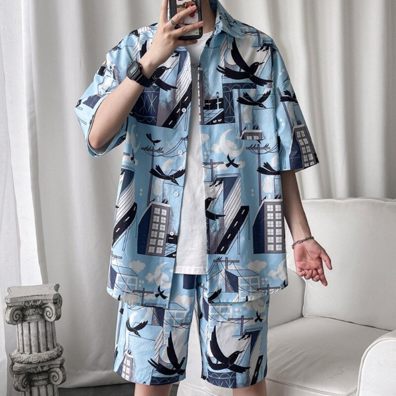 Korean Fashion Men Summer Clothes 2 Piece Sets Printing Floral Shirts and Shorts Set Men Clothing 2023 Brand New Beach Wear