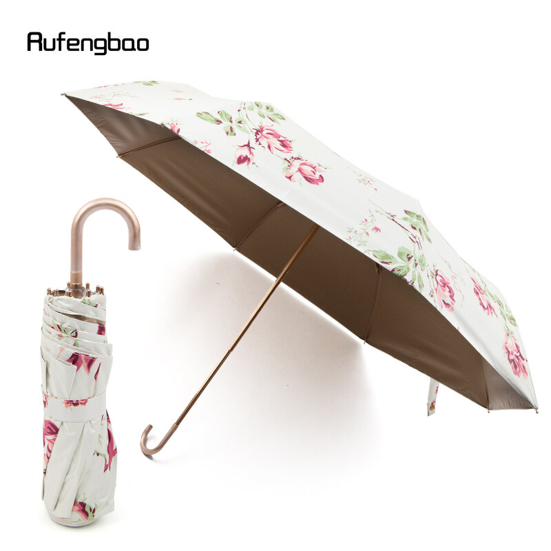 男性と女性のための金色の花傘、自動折りたたみ傘、UV保護、防風、雨の日