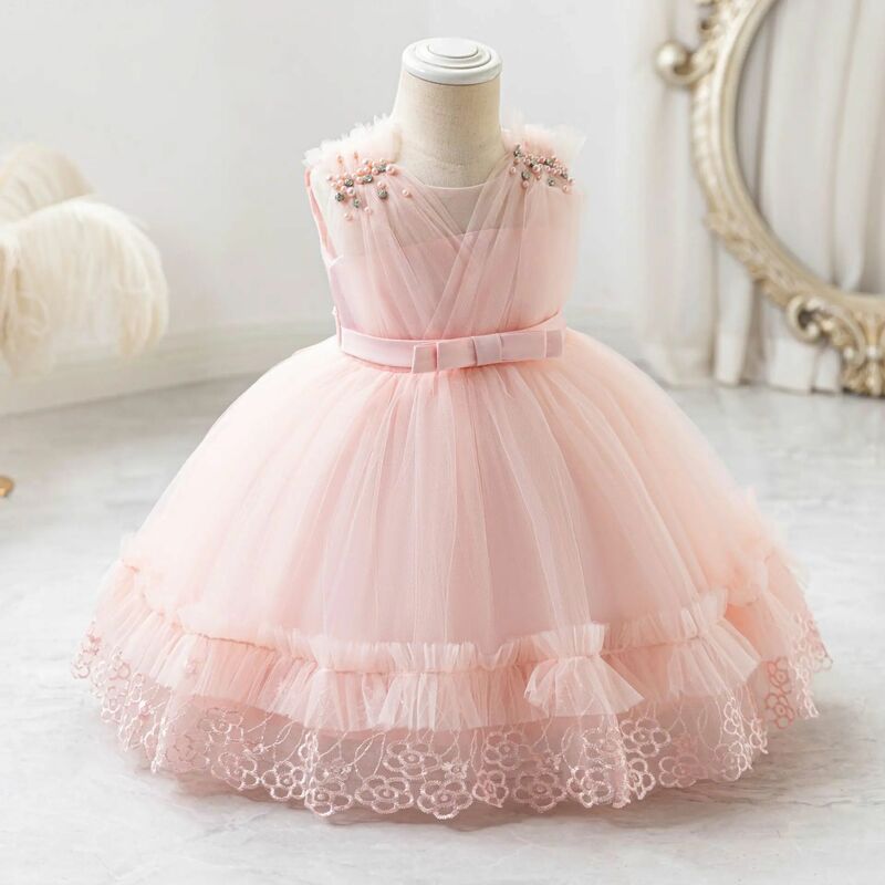 Летние Детские платья HETISO, кружевное платье с жемчугом для первого дня рождения, для малышей, свадебное вечернее платье, vestido infantil 0, 2, 4 лет
