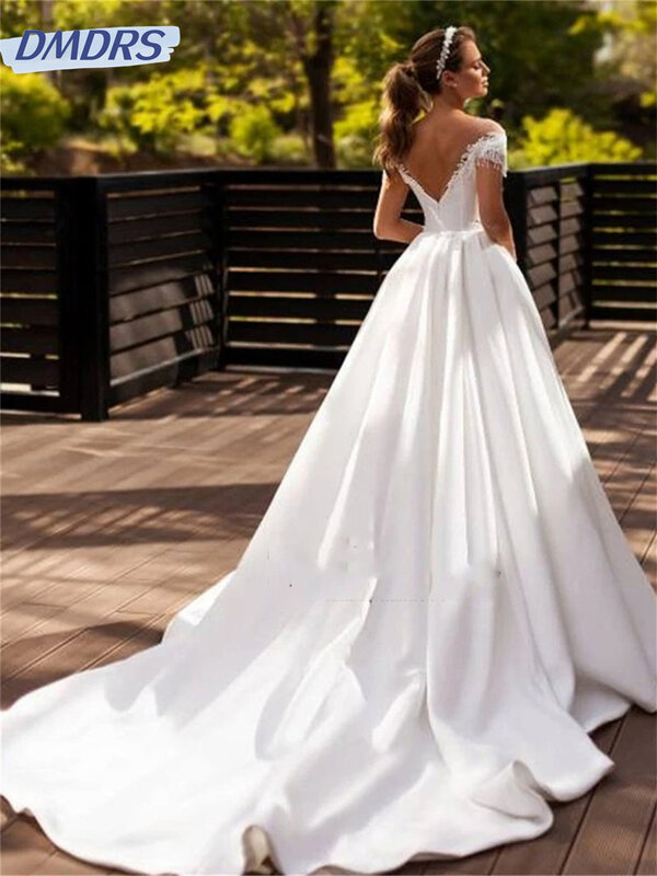 Encantador vestido de noiva fora do ombro, elegante vestido de casamento frisado, vestido até o chão, romântico, 2024