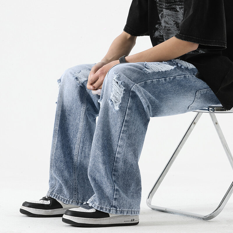 Мужские летние рваные бриджи в стиле ретро, мужские Модные брендовые универсальные повседневные брюки с ремешком