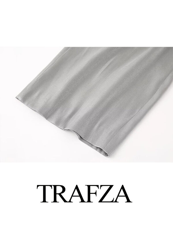 TRAFZA-traje de primavera para mujer, Blazer de manga larga con Bolsillos y cuello vuelto plateado, pantalón largo con cremallera de cintura alta, a la moda