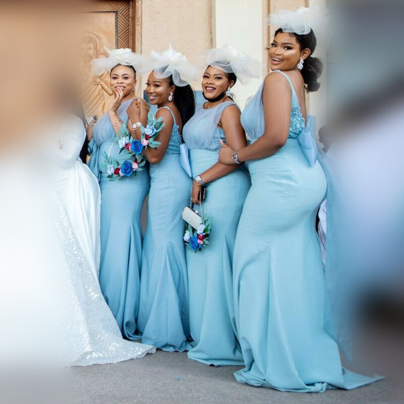 Sexy Mermaid Satin Bridesmaid Dresses Plus Size Women Elegant Sleeveless Train Wedding Party Dress With Bow Maid Of Honor Gown