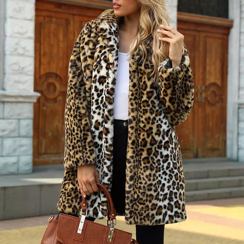 Jesienno-zimowa damskie sztuczne futro Streetwear ciepłe pluszowe pluszowe płaszcze długie wzór w cętki luksusowe kurtka ze sztucznego futra kobiece pluszowy płaszcz