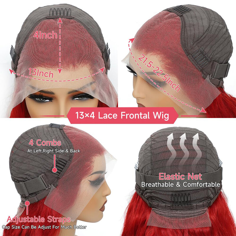 Onda do corpo Lace Front Wig, cabelo humano colorido, vermelho brilhante, 180% Densidade, 22 ", 13x4