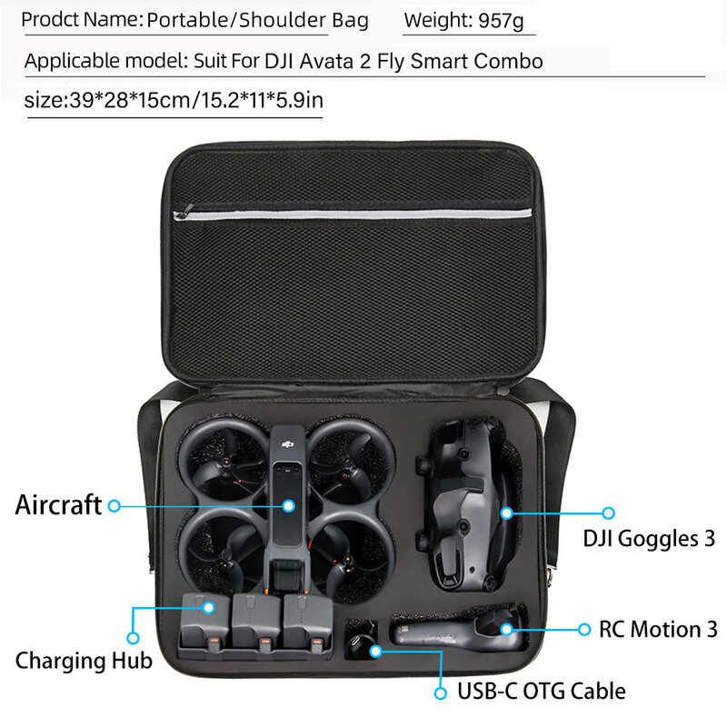 Saco de armazenamento portátil para Drone Goggles, Nylon Bolsa, Estojo impermeável, Caixa de ombro, Capa dura, DJI Avata 2 Corpo, 3