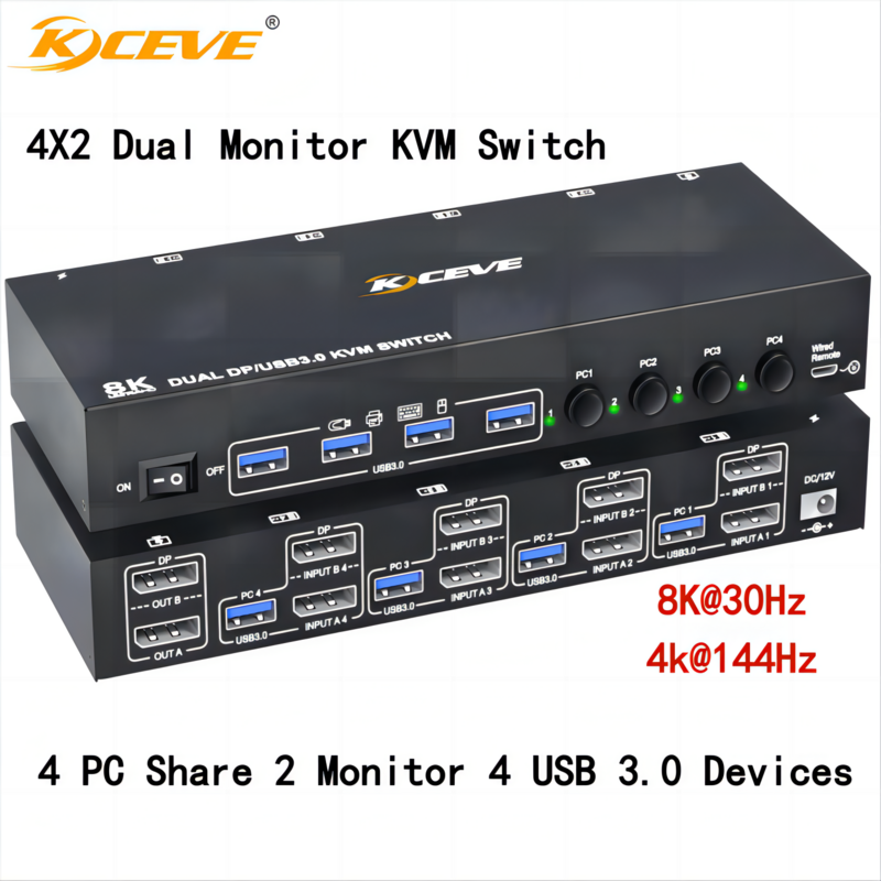 Kceve 8k dp kvm switch 2 überwacht 4 computer 8k @ 30hz 4k @ 144hz dual displayport usb 3,0 switcher für 4 pc share tastatur maus