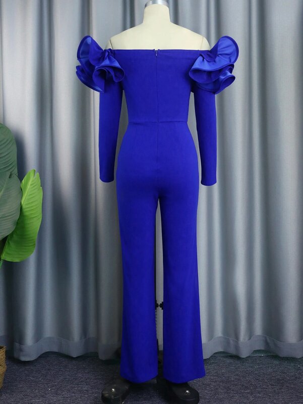 Macacão azul elegante feminino, fora do ombro, manga flutter, longo, cintura alta, perna larga, roupa de uma peça, macacão, tamanho grande