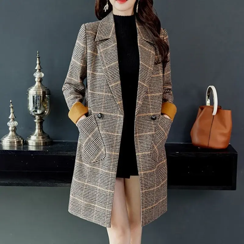 여성용 따뜻한 격자 무늬 롱 혼방 코트, 라펠 싱글 단추, 큰 주머니, 캐주얼 통근 재킷, 시크한 오피스 레이디 아우터, 가을 겨울