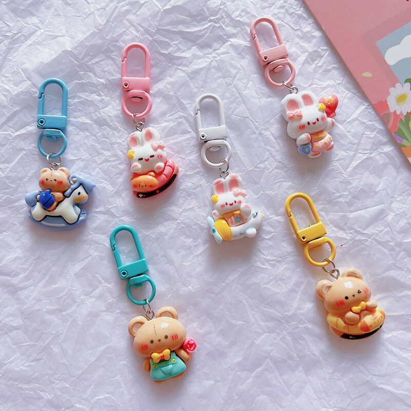 Kawaii Cartoon Bear Bunny Keychain Lovely Rabbit Keyring Car Key Chain For Girls Cute Bag Pendant Backpack Charm