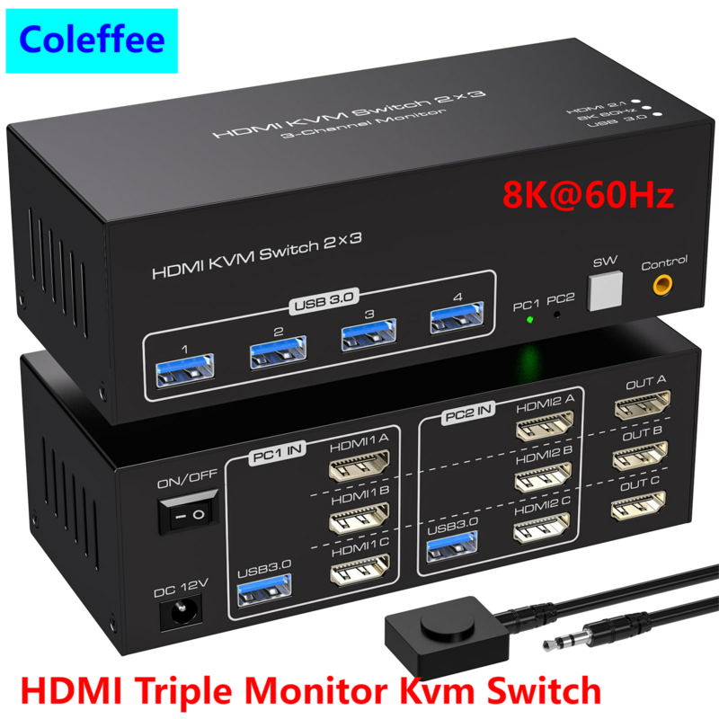 Switch KVM HDMI com Triplo HDMI, USB 3.0, 3 Monitores, 2 Computadores, 4K, 120Hz, 2x3, 4 Portas USB, Monitor, Teclado, Mouse, 8K, 60Hz