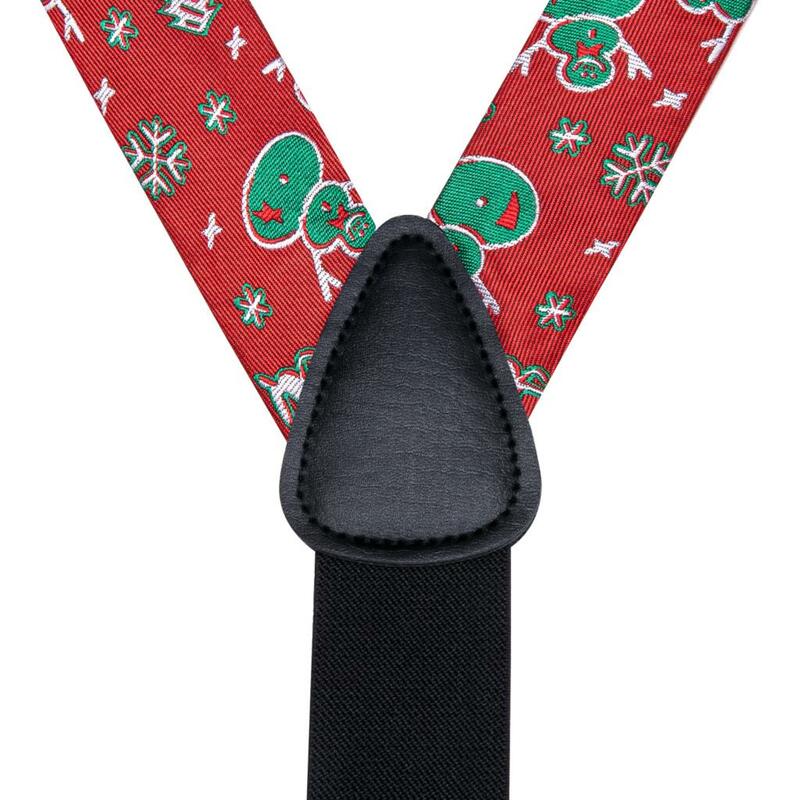 Hi-Tie Christams-liguero de seda para hombre, rojo, verde, muñeco de nieve, moda, pajarita de Navidad, cuero, Metal, 6 Clips, tirantes
