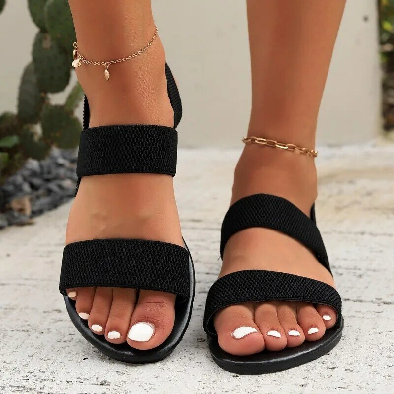 Sandálias femininas de praia com fivela de uma linha com vestido, novo estilo, verão, dedo do pé aberto, slip-on, elegante, simples, preguiçoso, 2020