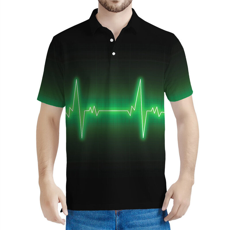 Polo com impressão 3D Heartbeat masculino, padrão de eletrocardiograma, mangas curtas, camiseta de lapela, casual camisa solta, moda