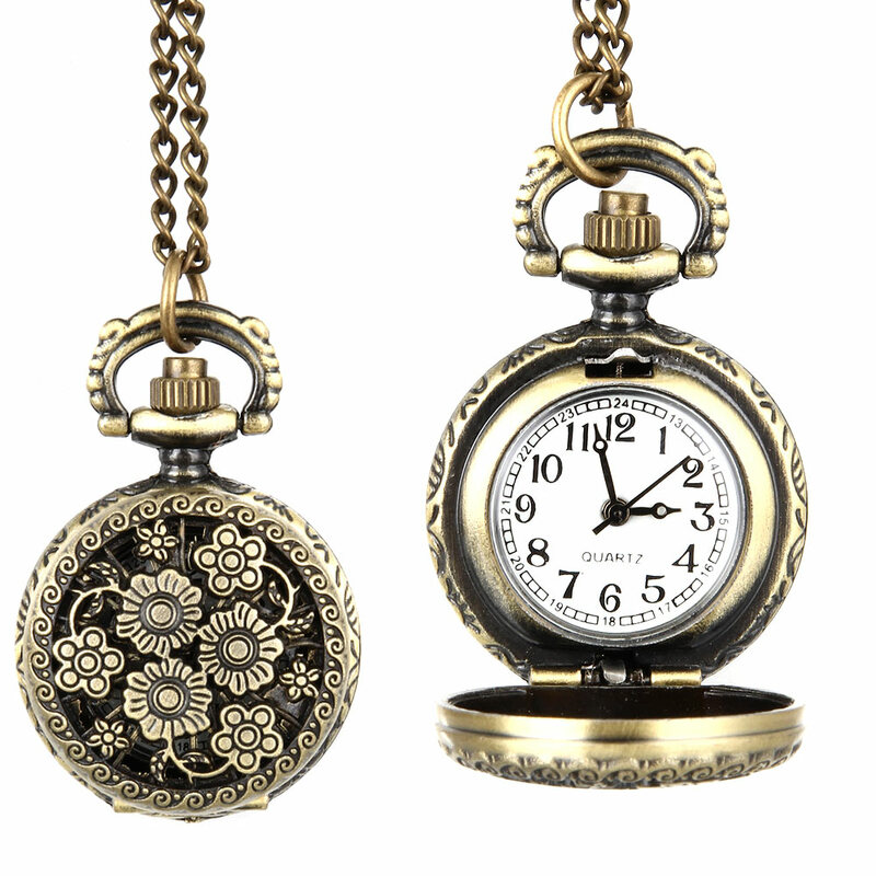 Fashion Women Vintage Quartz Pocket Watch Alloy Hollow Out Flowers Necklace Pendant Lady Girl Sweater Chain Clock Gifts LL@17