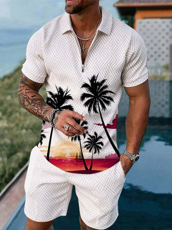Hawajskie drzewo kokosowe dresy męskie z nadrukiem 3D kołnierzyk na suwak letnie modne spodenki Polo 2 sztuki komplety męskie Streetwear komplet