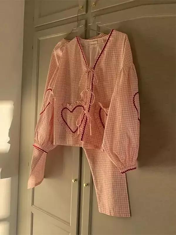 Conjunto de camisa y pantalones con lazo a cuadros para mujer, traje elegante informal con cuello en V, manga larga linterna, primavera 2024