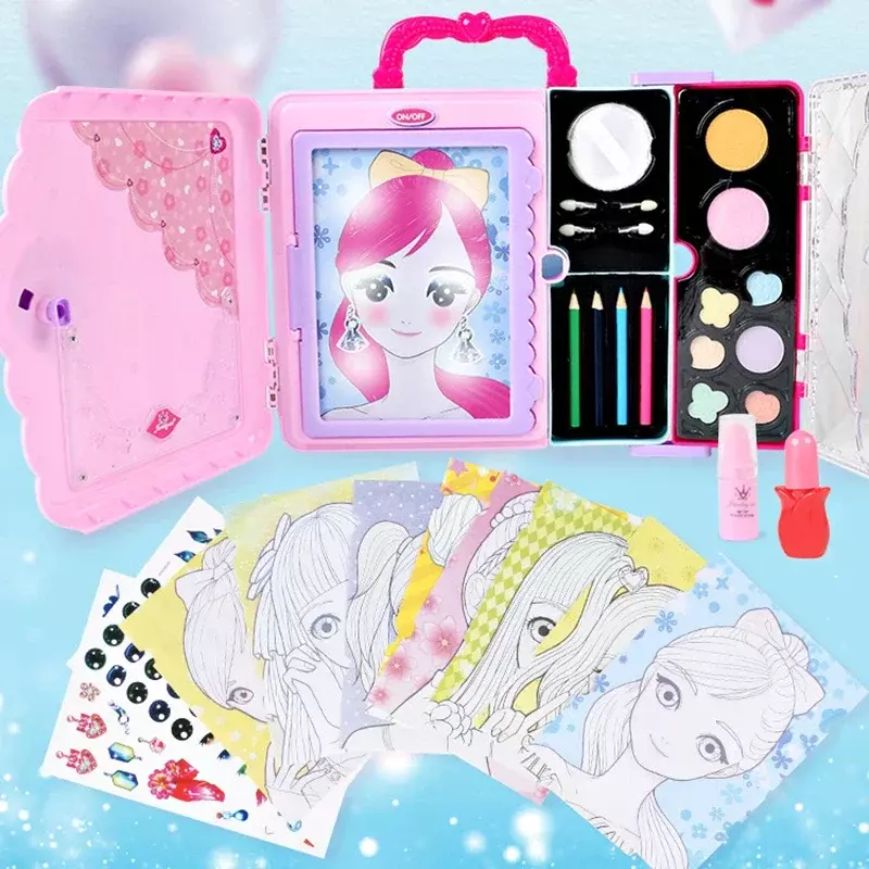 Kids Makeup Drawing Toys Multi-function Handle LED Painting Colorful Make up Cosmetics Suitcase Toy Drawing Board For Girls Gift
