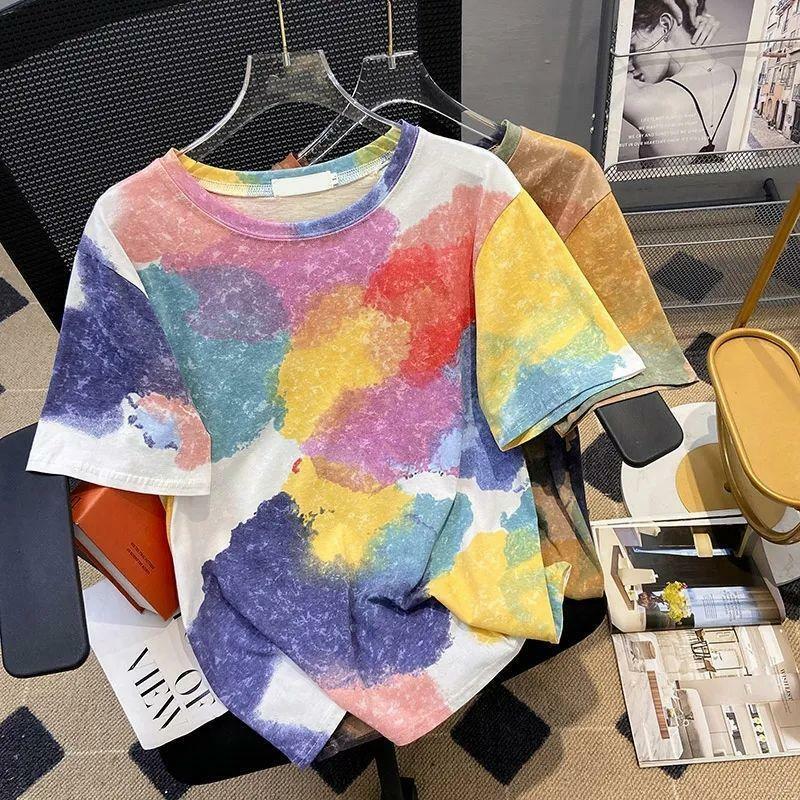 Summer New Round Neck Fashion Short Sleeve T-shirt Women High Street Casual Loose Tie Dye Pullovers Comfortable All-match Tops