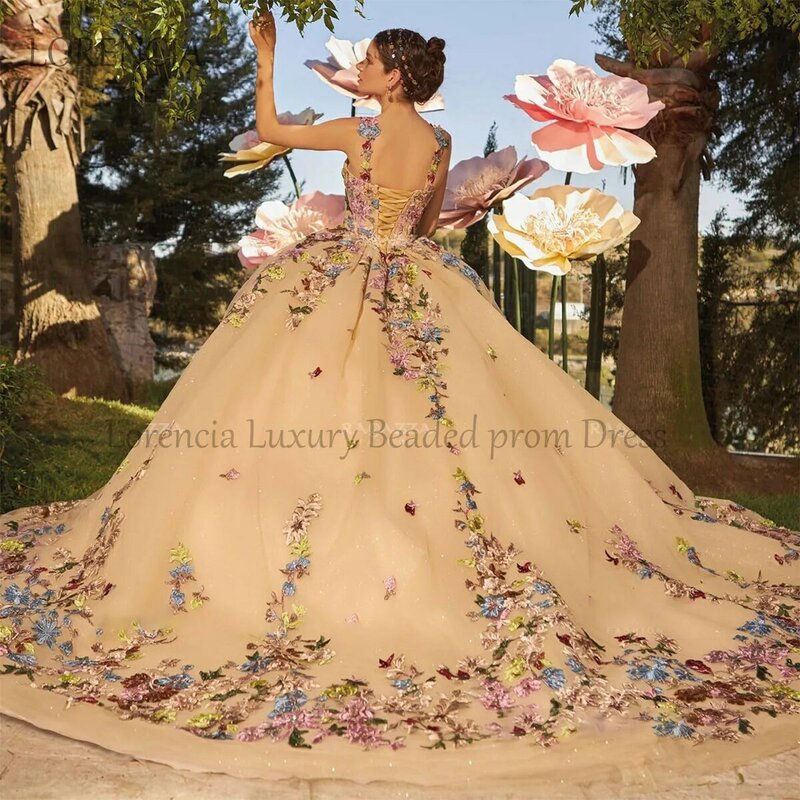 Quinceanera Dresses Off Shoulder Lace Applique Beaded Crystals Flowers Prom Sweet 16 Ball Gown Tulle Custom Vestidos De XV Años