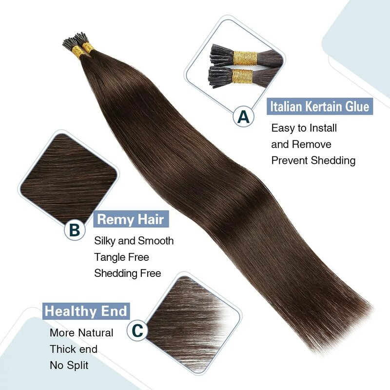 Прямые накладные волосы Microlink I Tip, накладные Человеческие волосы Remy I Tip, 100 прядей/упаковка, темно-коричневые #2 натуральные волосы Micro Loop